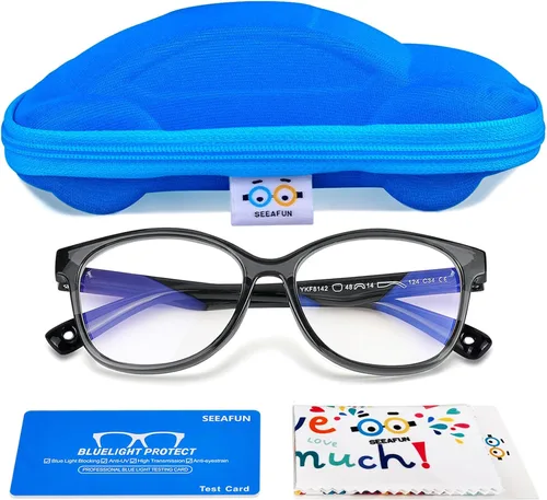 Miniatura 9 de Gafas de luz azul para niños y niñas con bonita funda de automóvil, protección UV400, antirayos azules, edades de 3 a 12 años Azul transparente