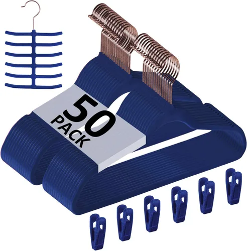Miniatura 9 de VECELO Perchas de terciopelo de alta calidad resistentes (paquete de 60), antideslizantes y ahorran espacio con 8 clips para los dedos y soporte