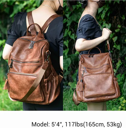 Miniatura 2 de Mochila de cuero para mujer, diseño de moda, bolsa de hombro convertible con borlas, Marrón, Mochilas Tote