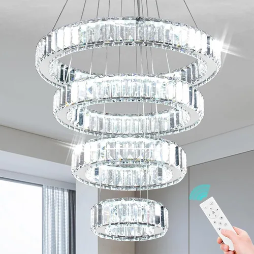 Miniatura 10 de Candelabro LED de 4 anillos para comedor, moderna lámpara de cristal colgante, lámparas de techo alto para dormitorio, sala de estar, comedor