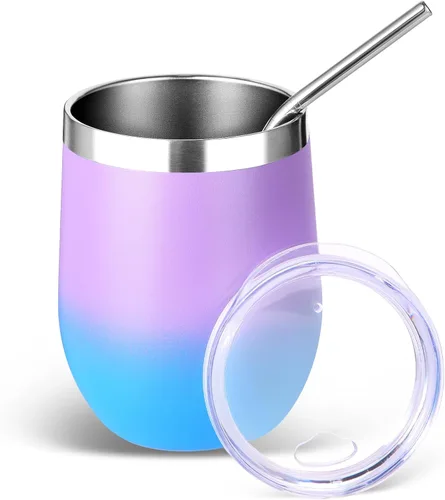 Miniatura 32 de Volhoply - Juego de 12 vasos de vino de 12 onzas con tapa, hechos de acero inoxidable con aislamiento al vacío de doble pared, vasos de vino sin Rosa