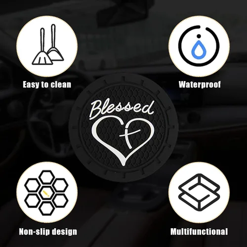 Miniatura 4 de Dickno 2 piezas posavasos para portavasos de automóvil, 2.76 pulgadas, diseño de cruz bendita y corazón, tapete de bebida cristiana de PVC suave