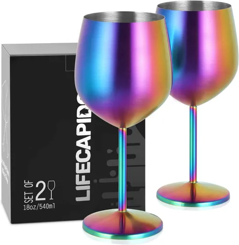 Miniatura 18 de Lifecapido Juego de 6 copas de vino de acero inoxidable, copas de vino coloridas de acero inoxidable de 18 onzas, copas de vino de metal con tallo