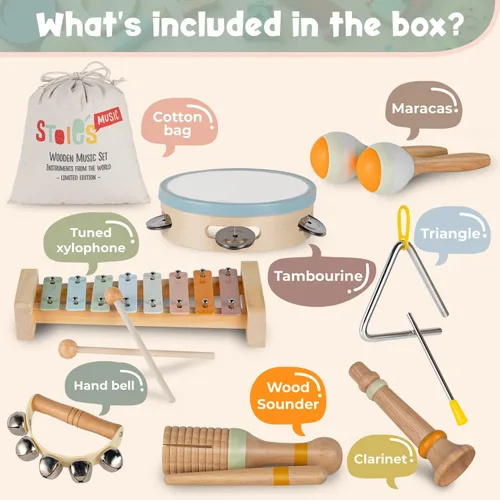 Miniatura 2 de Stoie's Instrumentos musicales de madera para niños pequeños con xilófono, maracas, triángulo, pandereta para bebés y niños, juguete educativo