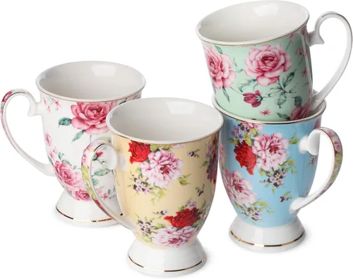 BTT- Tazas de café grandes, 12 onzas, juego de 4, tazas florales para tazas de café, porcelana de porcelana, taza de té,