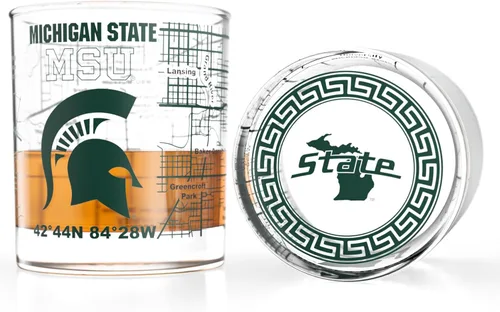 Greenline Goods – Vasos de Whiskey de la Universidad Estatal de Michigan Spartans (Set de 2), 10 oz – Logo de Color Completo + Mapa del Campus