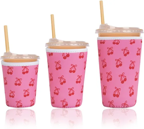 Miniatura 16 de Funda aislante reutilizable para taza de café helado, paquete de 3 fundas de neopreno para bebidas frías y calientes, soporte para bebidas para café