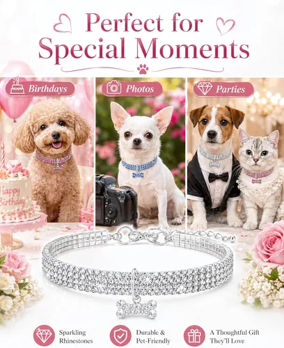 Miniatura 7 de Collar para mascotas con diamantes de imitación, collar de 3 filas de diamantes de cristal brillantes para perro, collar de boda con diamantes