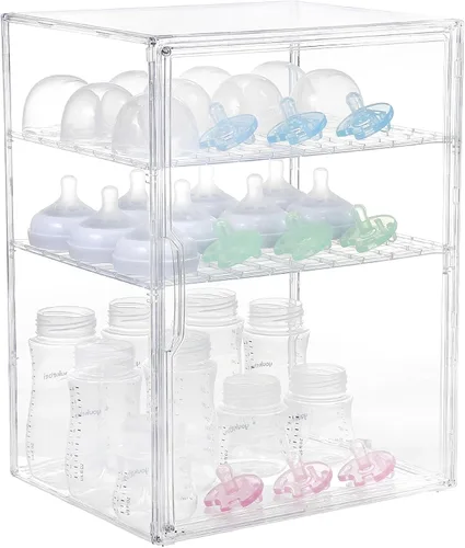 Miniatura 9 de YESGIRL Organizador de biberones transparente de 3 niveles, almacenamiento acrílico apilable transparente con cajón para encimera, estación