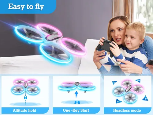 Miniatura 5 de Q9s Drones para niños, dron RC genial con retención de altitud y modo sin cabeza, cuadricóptero de pasatiempos con luz azul y rosa, 2