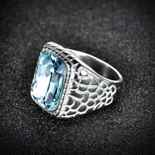 Miniatura 2 de anillo de compromiso de acero inoxidable antialérgico de 316 L con cristal de aguamarina sintético
