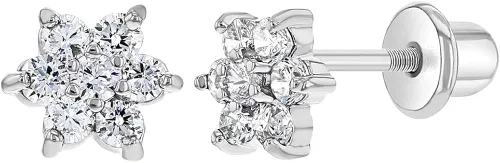 Aretes de seguridad chapados en rodio con circonita cúbica, para niños pequeños y niñas jóvenes, de 0.197in, delicados y brillantes aretes florales