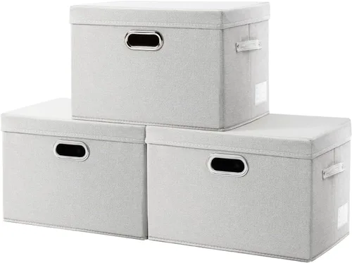 Miniatura 58 de PRANDOM Contenedor de almacenamiento plegable con tapa [1 unidad] Caja de almacenamiento decorativa de tela de lino, cesta organizadora con asas