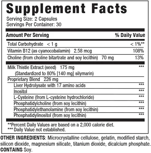 Miniatura 9 de LIVERITE Ayuda hepática con cardo mariano 60 cápsulas, suplemento de apoyo hepático con aminoácidos, colina, cardo mariano y vitamina B12 - Apoya