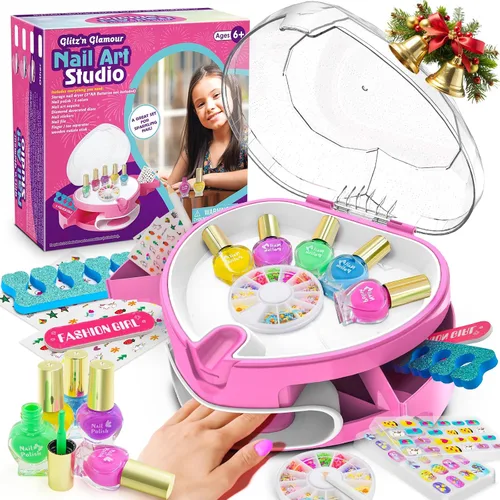 Juego de esmaltes de uñas para niñas, kit de arte de uñas para niños de 7 a 12 años, salón de uñas todo en uno con secador de uñas y uñas postizas a