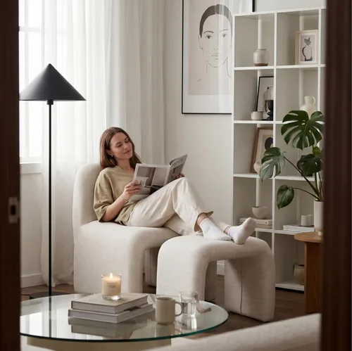 Miniatura 3 de Silla moderna para sala de estar con otomana, silla tapizada de lino mixto, cómoda silla de lectura lateral para sala de estar, dormitorio, Beige