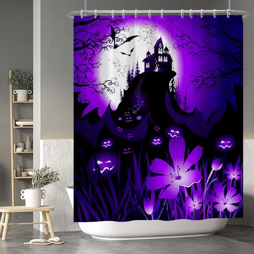 Miniatura 12 de Cortina de ducha de fantasma y gato negro para niños, 36 x 72 pulgadas, espeluznante y bonita, cortina de baño de Halloween con 6 ganchos, cortina