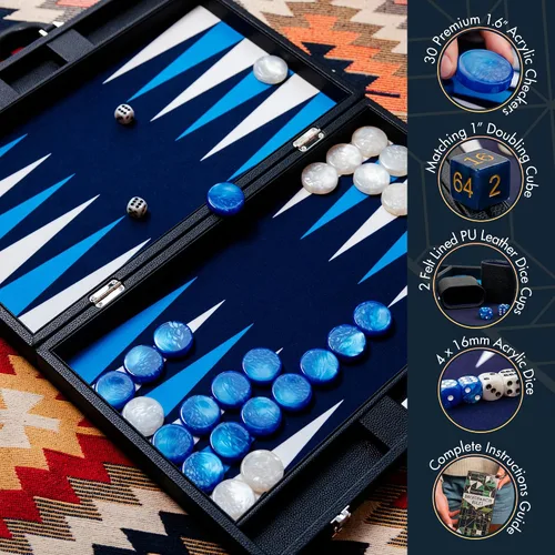 Miniatura 4 de Pointworks Juego de Backgammon Premium de 19 Pulgadas para Adultos de Cuero Negro - Azul. Juego de Fichas y Dados Premium de 1.6 Pulgadas, Juego