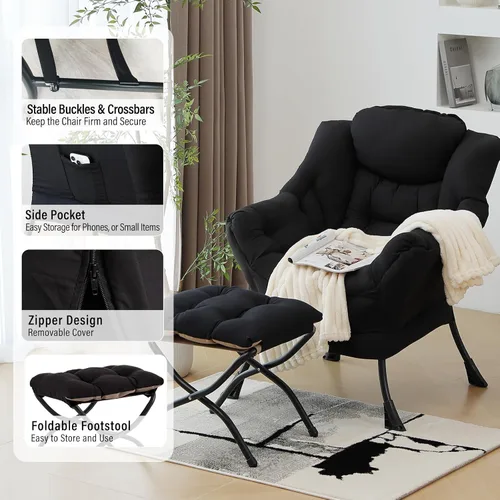 Miniatura 5 de Furlide Silla Perezosa Moderna con Reposapiés Plegable, Sillón de Descanso y Cómoda Silla de Lectura (Negro)