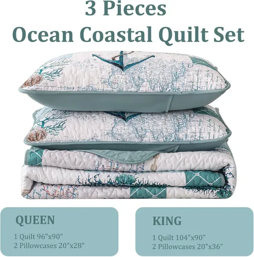 Miniatura 5 de DJY Beach Quilt Set Queen Size,3 Piece Coastal Ocean Summer Bedspread Coverlet Set with 2 Pillow Cases Lightweight Soft Microfiber Nautical Bedding