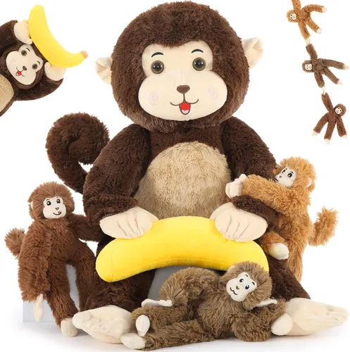 MaoGoLan Mono gigante de peluche con bebés, juguete de peluche suave con plátano regalo para niños, niñas, niños, mamá y 3 bebés pequeños colgantes