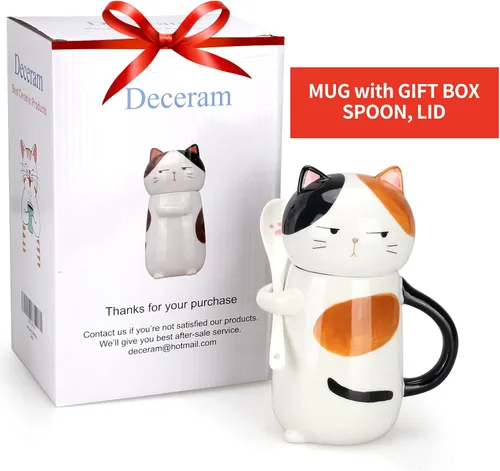Miniatura 5 de Taza de café grande y bonita de cerámica con tapa y cuchara, divertida taza de gato para mujeres y damas, tazas de café Kawaii 3D únicas de gato