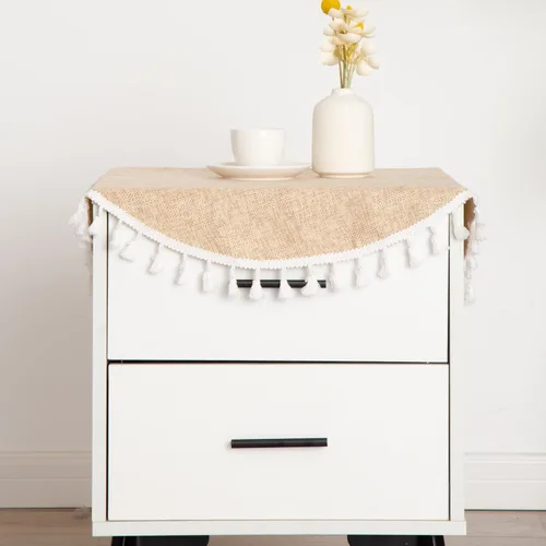 Mantel redondo pequeño de color liso con borlas rústicas, funda de mesa de arpillera beige, lavable para decoración de mesa de cocina, comedor, 24