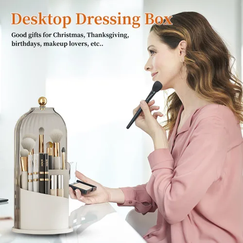Miniatura 7 de Soporte para brochas de maquillaje con tapa, organizador de tazas de brochas de maquillaje giratorias de 360 grados para tocador, caja