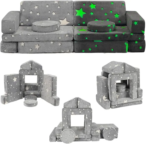 Sofá infantil de 12 piezas modular con estrellas que brillan en la oscuridad, sofá convertible plegable de espuma para niños y niñas, muebles de