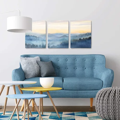 Miniatura 2 de Decoración de pared para dormitorio, 3 paneles, estampado de bosque brumoso con salida del sol, arte de pared para sala de estar, baño, lienzo