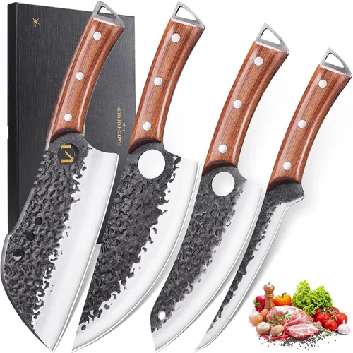 Juego de Cuchillos de Carnicero, KITNATS 4PCS Juego de cuchillos de cocina forjados a mano - Cuchillo de carnicero y cuchillos de chef serbios y