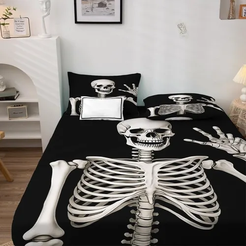 Miniatura 3 de Divertidas sábanas de esqueleto tamaño individual, sábanas de microfibra suave con bolsillo profundo, sábanas y fundas de almohada estampadas sin