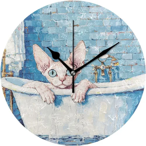 Cute Cornish Rex Cats Vintage Bathtub 10 Inch Round Wall Atomic Clock noiseless Hanging for Bedroom Kitchen School reloj de pared para cocina