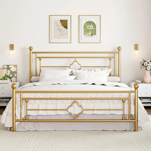 Miniatura 15 de SHA CERLIN Marco de cama de plataforma de metal tamaño Queen de 14 pulgadas, cabecero y pie de cama de arte de hierro vintage, base de colchón