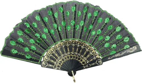 Miniatura 16 de InnoLife Elegante abanico de mano plegable con flores bordadas y patrón de pavo real con lentejuelas en tela artesanal (5 piezas, rojo)