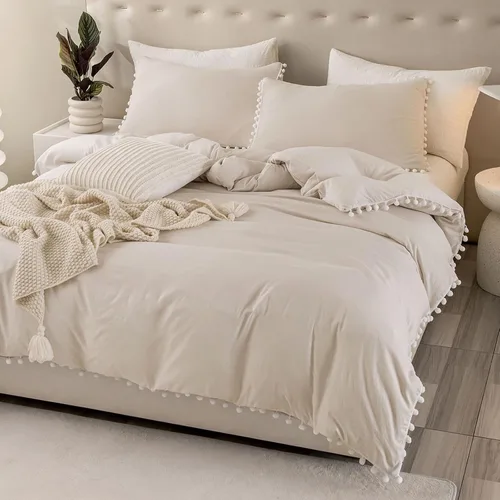 Miniatura 3 de Bedbay Juego de edredón bohemio color beige, edredón con pompones, decoración de habitación estética, bonito juego de ropa de cama con flecos