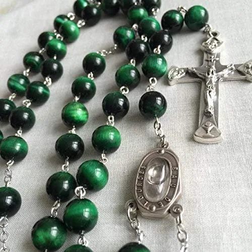 Miniatura 2 de elegantmedical HECHO A MANO 10MM verde Tiger Eye Bead Rosario CROSS collar católico Lourdes Medalla de agua