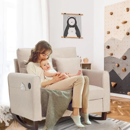 Miniatura 5 de HOMREST Mecedora Tapizada de Gran Tamaño, Mecedora para Guardería con Respaldo Alto y Bolsillo Lateral con Puerto USB, Sillón Oscilante Doble Ancho