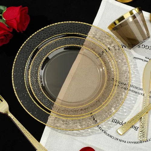 Miniatura 3 de 350 piezas de platos de plástico transparente negro para 50 invitados, juego de vajilla desechable para fiestas y graduaciones, incluye 100 platos