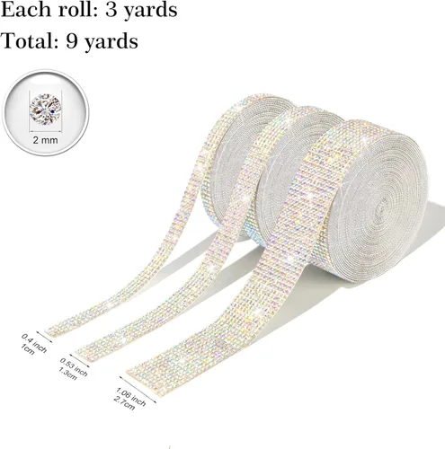 Miniatura 7 de 3 rollos de 9 yardas de cinta de diamantes de imitación de cristal autoadhesiva de colores y arco iris, rollo de calcomanías de diamantes brillantes