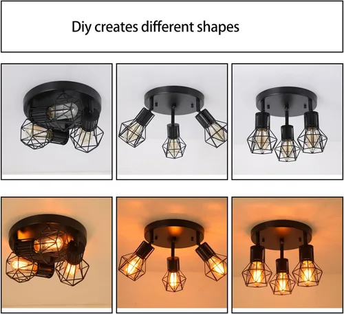Miniatura 4 de Lámpara de techo de montaje empotrado de 3 luces, lámpara de techo industrial para cocina, E26, color negro, para comedor, pasillo, entrada