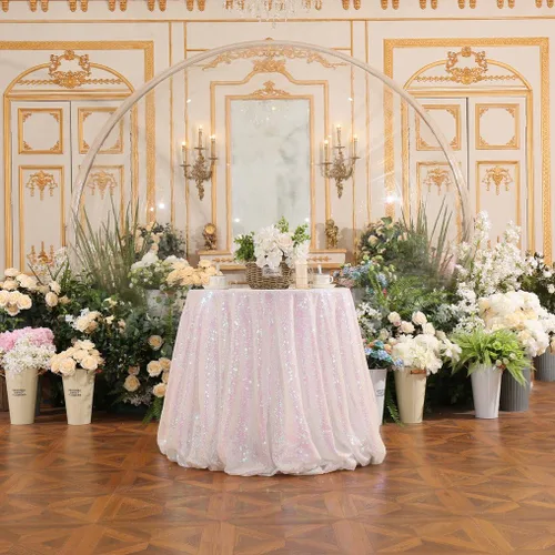 Miniatura 125 de PartyDelight Mantel de lentejuelas redondo de 50 pulgadas, color dorado claro, adorno de mesa para decoración de bodas, fiestas, cumpleaños