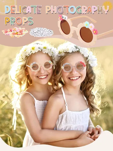 Miniatura 19 de Dunzy 10 pares de lentes de sol redondos de flores para niños, gafas de bricolaje para exteriores, con 50 margaritas, 100 cuentas de letras al azar