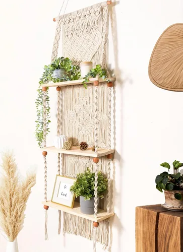 Miniatura 8 de Estante de Pared de Macramé Colgante (Nivel 2, Blanco Natural)