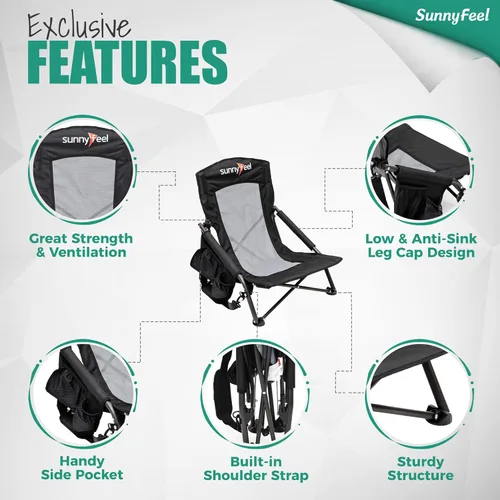 Miniatura 6 de SUNNYFEEL Silla de playa baja plegable para adultos, sillas de camping de playa ligeras portátiles con soporte para tazas, reposabrazos, silla