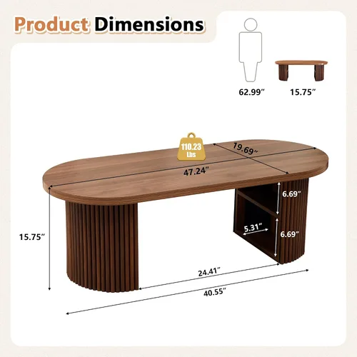 Miniatura 2 de Mesa de centro ovalada acanalada, mesa de centro de madera de granja de 47 pulgadas, mesa central moderna de mediados de siglo, mesas de sala