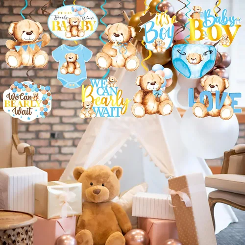 Miniatura 6 de 20 piezas de oso de peluche colgantes con diseño de remolinos We Can Bearly Wait Baby Shower Decoraciones It's a Boy Ceiling Swirl Bear Baby Shower