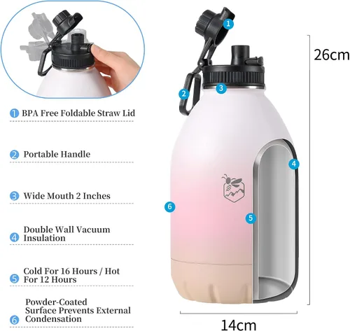 Miniatura 4 de Boulder Bee Botellas de agua aisladas de 64 onzas Acero inoxidable para bebidas frías y calientes Botella de agua de gimnasio de doble pared