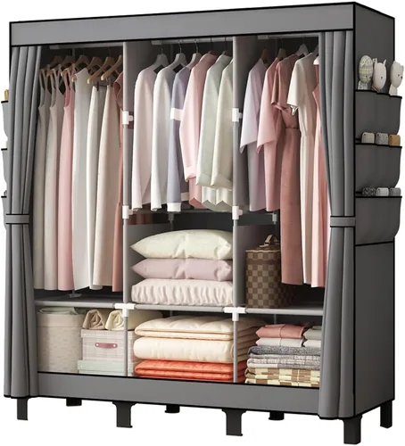 Miniatura 12 de Armario portátil, caja de almacenamiento de ropa, armario simple para colgar ropa, múltiples estantes y 3 barras, 6 bolsillos laterales (negro)