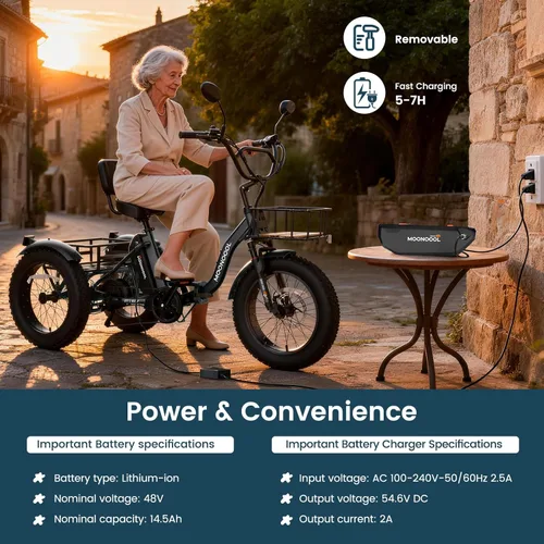 Miniatura 7 de MOONCOOL Triciclo eléctrico para adultos, marco de aluminio de neumático grueso de 1000 W, 4 pulgadas, batería de 48 V y 14.5 Ah, frenos de disco